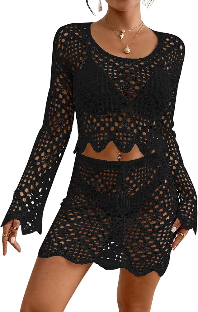 Bsubseach Crochet Coverups for Women Two Piece Swimsuit Cover Up Hollow Out Knit Skirt Set Beach ... | Amazon (US)