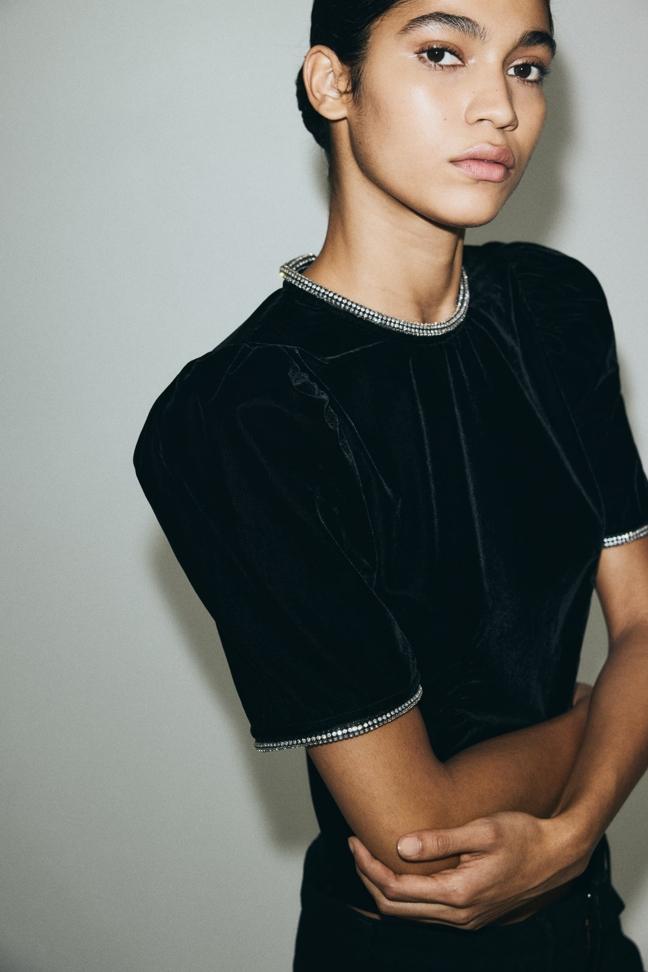 Rhinestone-Embellished Velvet Top | H&M (US + CA)