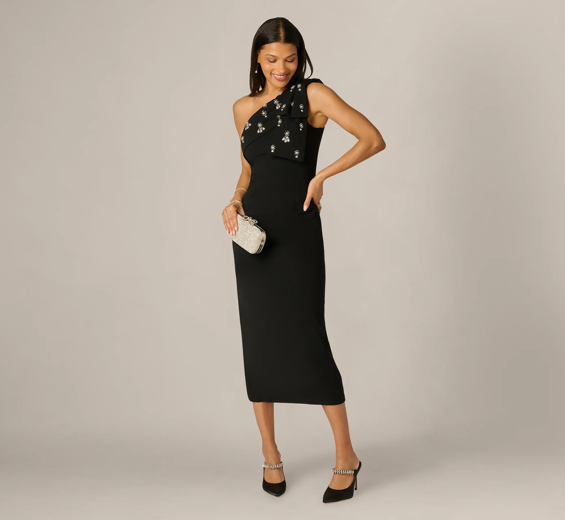 Black Pearly Beaded Bow Shoulder Midi Dress - Adrianna Papell | Adrianna Papell