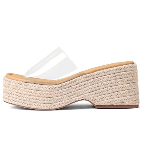 EQAUDES Women's Wedges Cute Summer Beach Sandal Espadrilles for Women Open Toe Platform Wedge Raffia Sandals Slip on Clear Slides Trendy Shoes | Amazon (US)