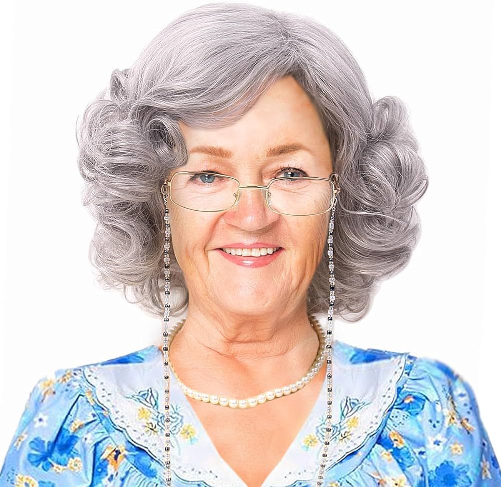 REEWES Grey Old Lady Wig for Women Costume Short Curly Silver Granny Womens Wig Gray 100th Day of... | Amazon (US)