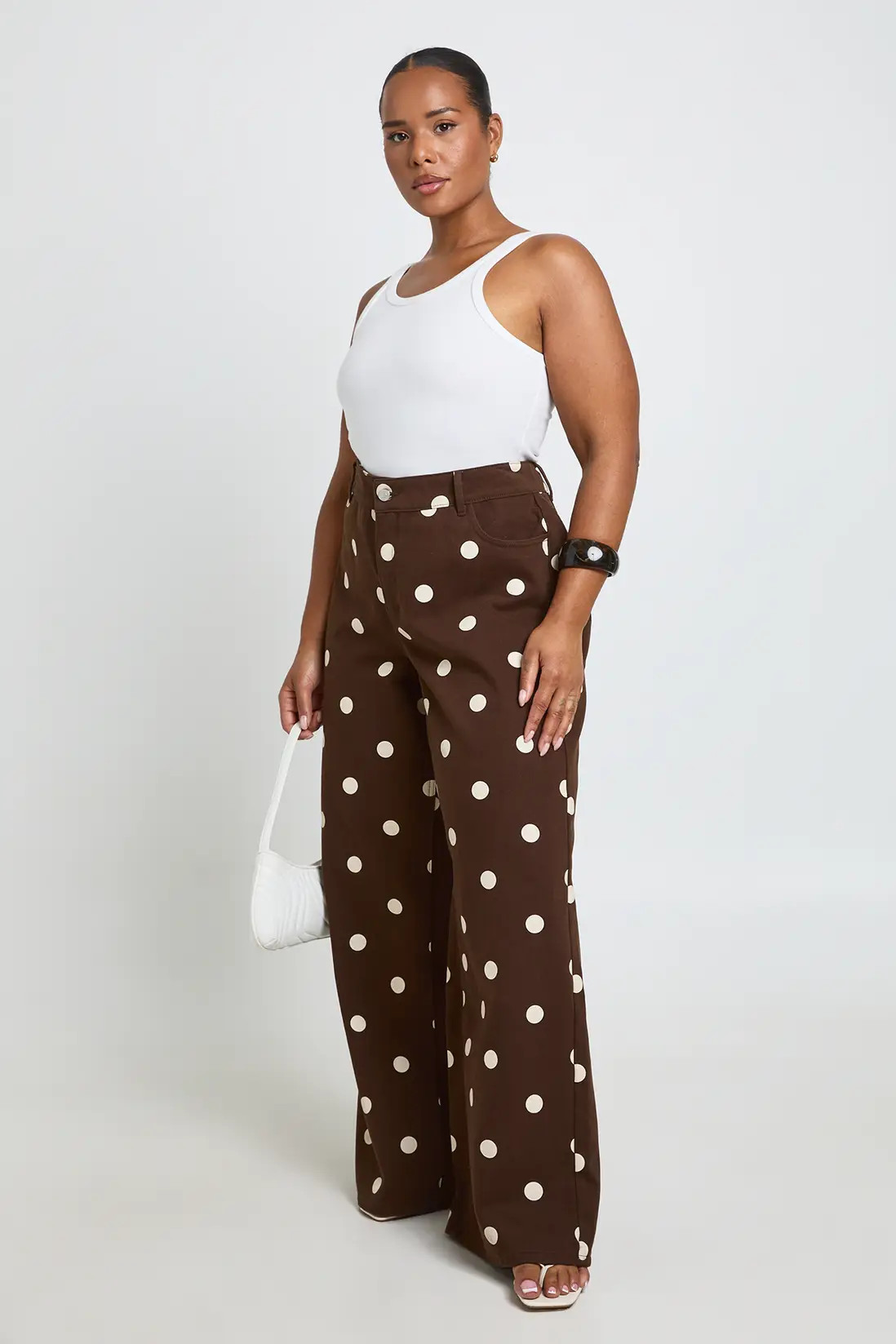 Choc Brown Plus Polka Dot High Waist Wide Leg Jean | Boohoo USA | boohoo (US & Canada)