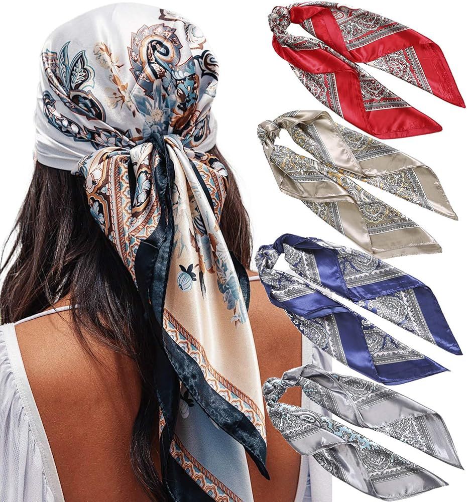 35” Satin Large Square Head Scarves - 4PCS Silk Like Neck Scarf Hair Sleeping Wraps Lightweight Sati | Amazon (US)