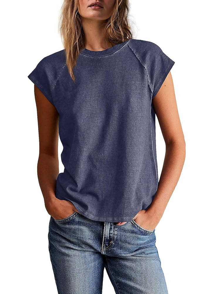 Yanekop Womens Short Sleeve Shirts Crewneck T Shirts Basic Tees Casual Summer Tops Cap Sleeve Top... | Amazon (US)