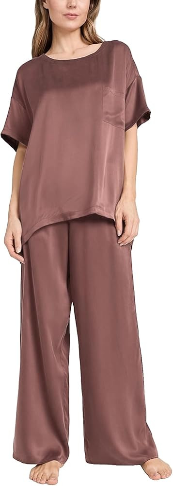 Women's Silk Satin Pajama Sets 2 Piece Short Sleeve with Long Pajama Pant Silky Sleepwear Lounge ... | Amazon (US)