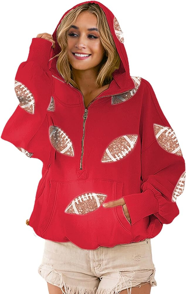 Xunger Women's Football Sequin Hoodie Half Zip Long Sleeve Rugby Patches Game Day Hooded Sweatshi... | Amazon (US)