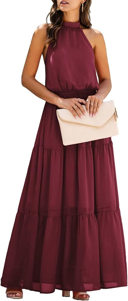 PRETTYGARDEN Women’s Casual Halter Neck Sleeveless Floral Long Maxi Dress Backless Loose Ruffle... | Amazon (US)