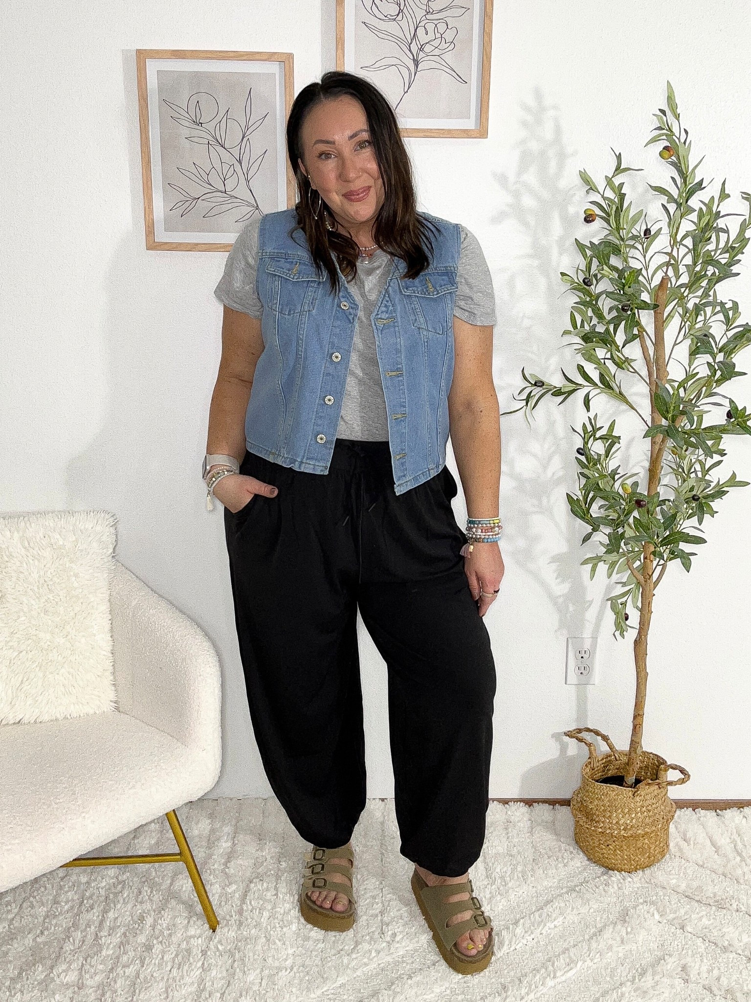 The comfiest baggy joggers from Aerie! Large! XL tee. XL Amazon denim vest. Sandals run true to size. Easy spring outfit for real life.  

#LTKOver40 #LTKmomlife #LTKMidsize