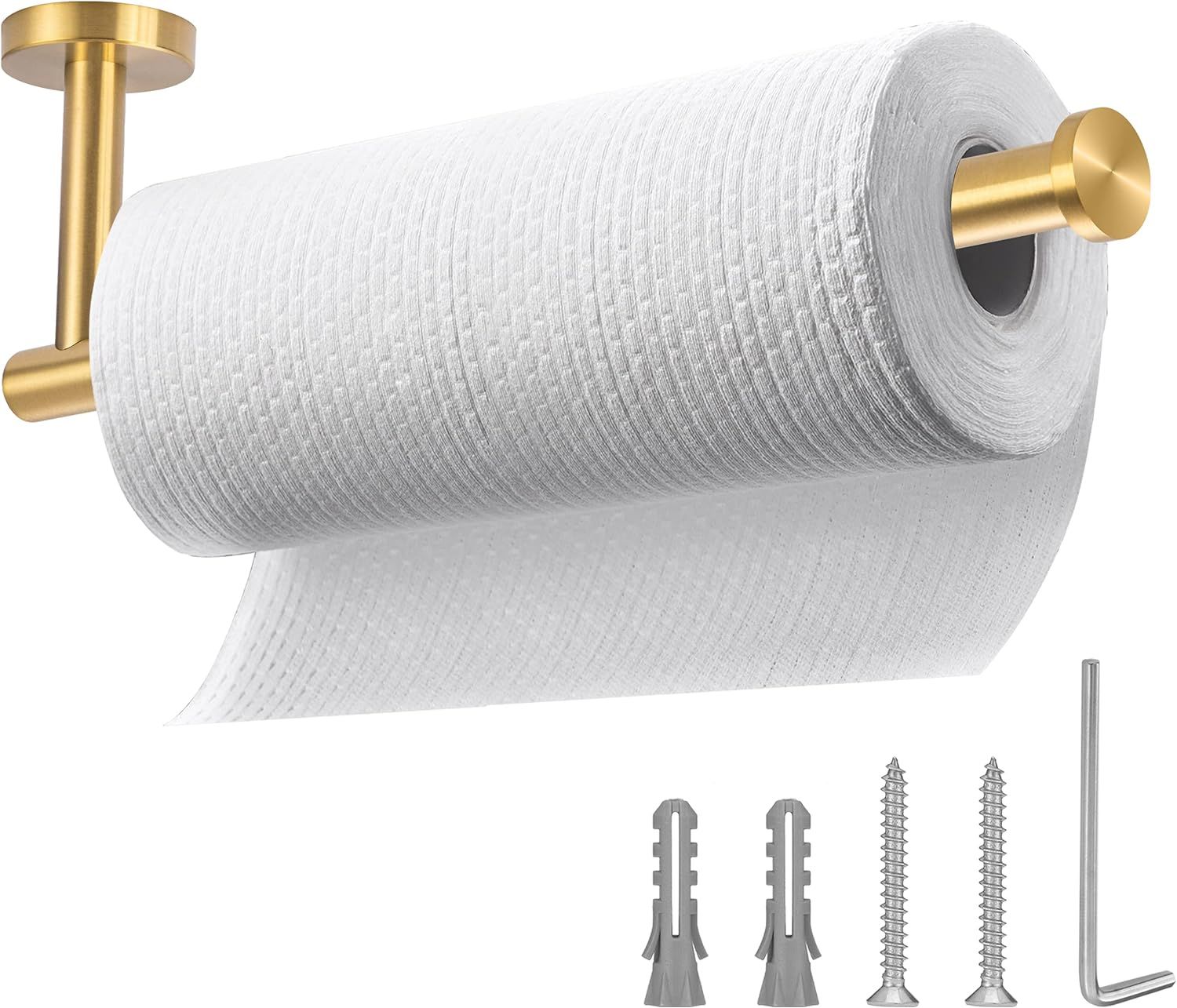 Brushed Gold Paper Towel Holder,Under Kitchen Cabinet Towel Paper Rack,Wall Mounted Round SUS304 ... | Amazon (US)