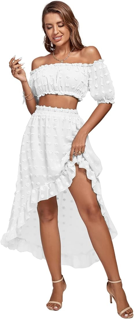 LYANER Women’s 2 Piece Outfit Dress Off Shoulder Crop Top High Waist Ruffle Midi Skirt Set | Amazon (US)