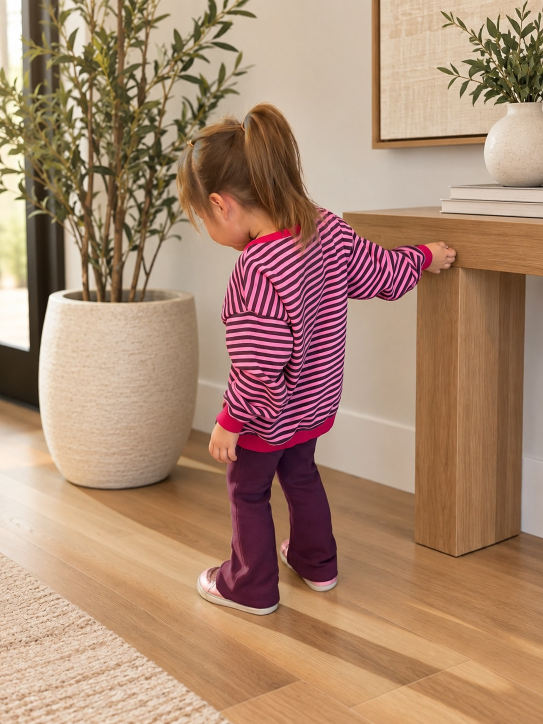 Toddler girl outfit
Toddler girl matching set
Striped pullover
Pink sneakers
Fall outfit