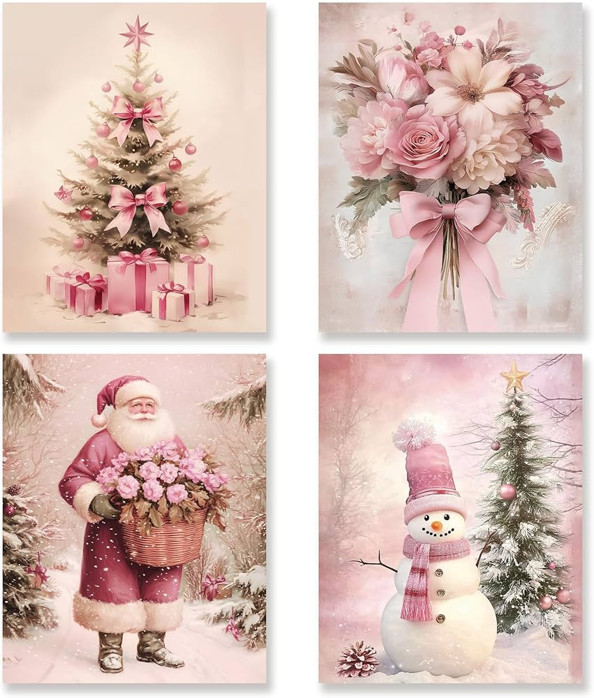 KSDUT Pink Christmas Wall Art Decor Set of 4 - Pink Flower Santa Snowman Artwork Poster Winter Sn... | Amazon (US)