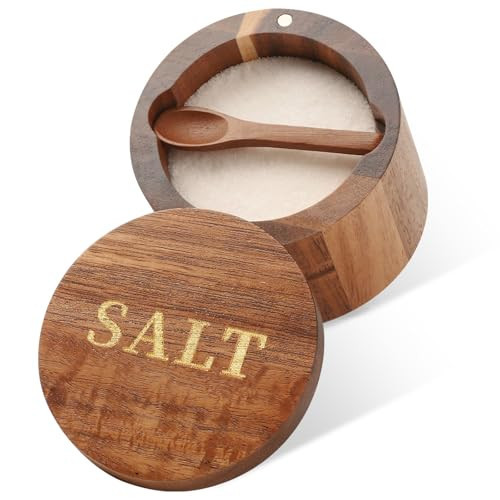 Timtopno Salt Cellar, Acacia Wood Salt Container with Built-in Spoon & Swivel Lid, Engraved SALT Box, Salt Holder Bowl for Countertop Seasoning Storage | Amazon (US)