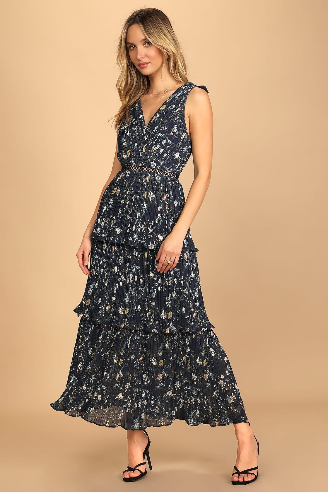 Such Sophistication Navy Blue Floral Print Pleated Maxi Dress | Lulus (US)