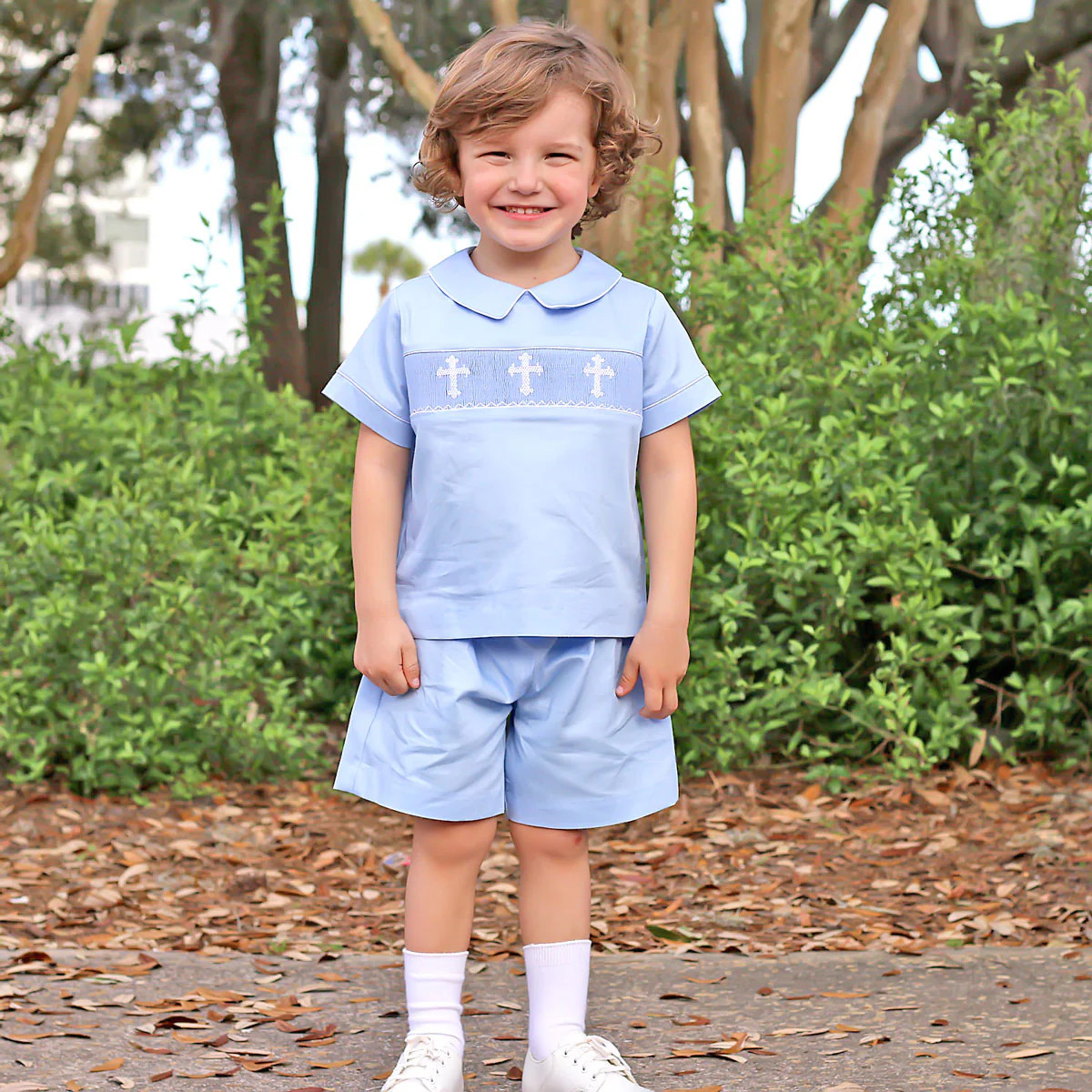 Cross Smocked Light Blue Pique Short Set | Classic Whimsy