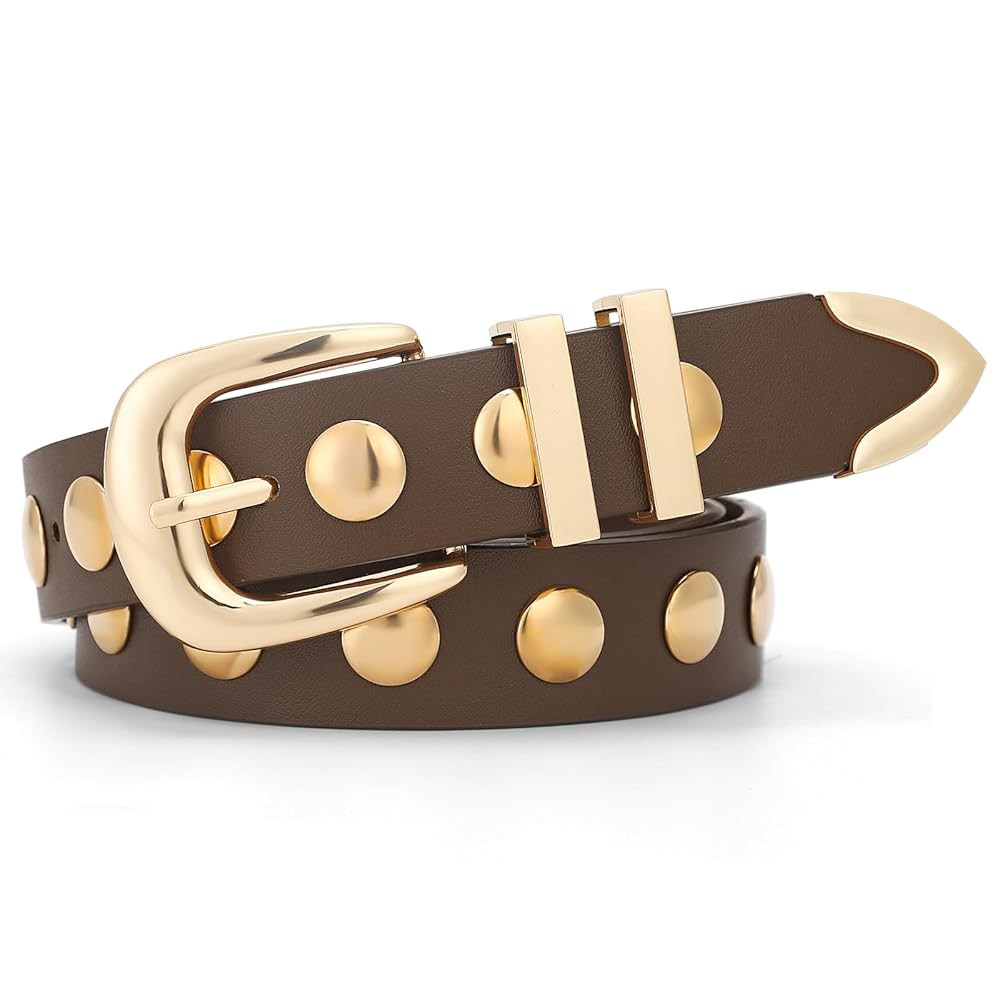 Women Studded Belt for Jeans Dress Fashion Punk Leather Belt Black Belt With Gold/Silver Buckle W... | Amazon (US)