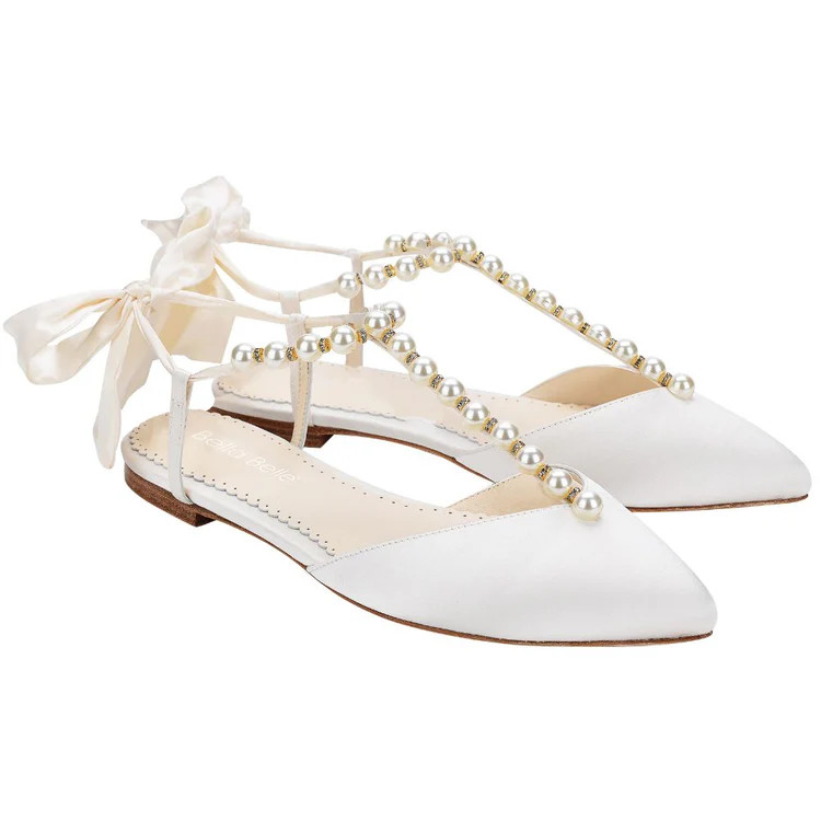 T-Strap Crystal and  Pearl Flats for Wedding with Ankle Bow | Bella Belle Shoes