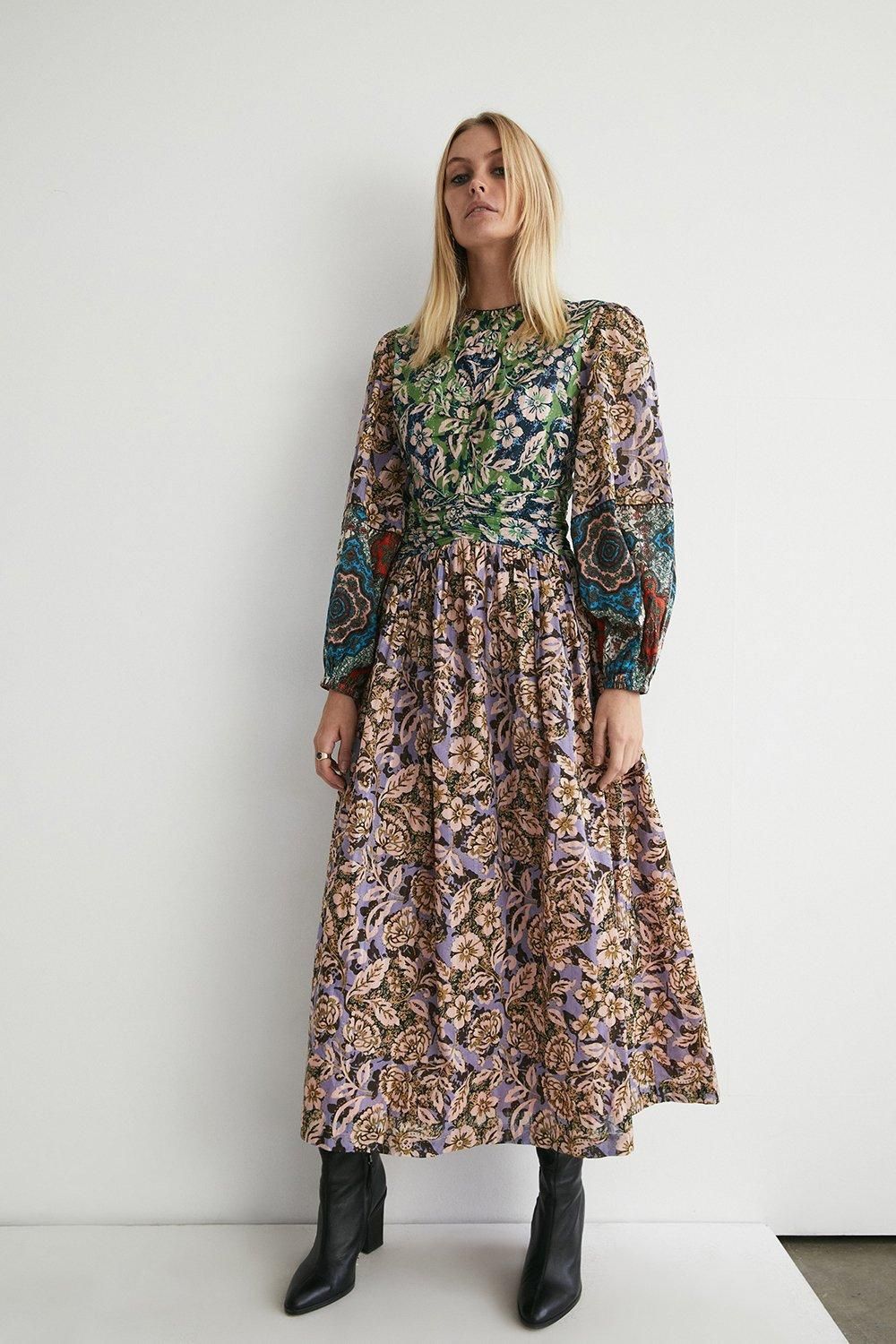 Floral Print Mix Ruched Detail Dress | Warehouse UK & IE