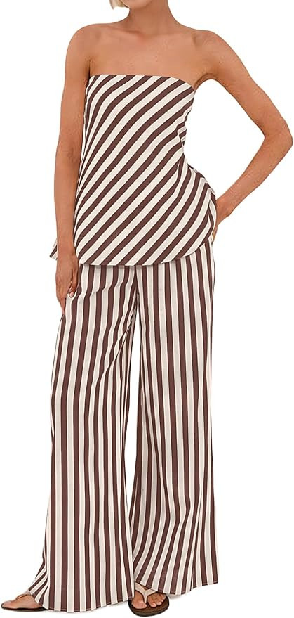 Women Polka Dot 2 Piece Outfits Spot Strapless Tube Top High Waist Wide Leg Pants Casual Lounge S... | Amazon (US)