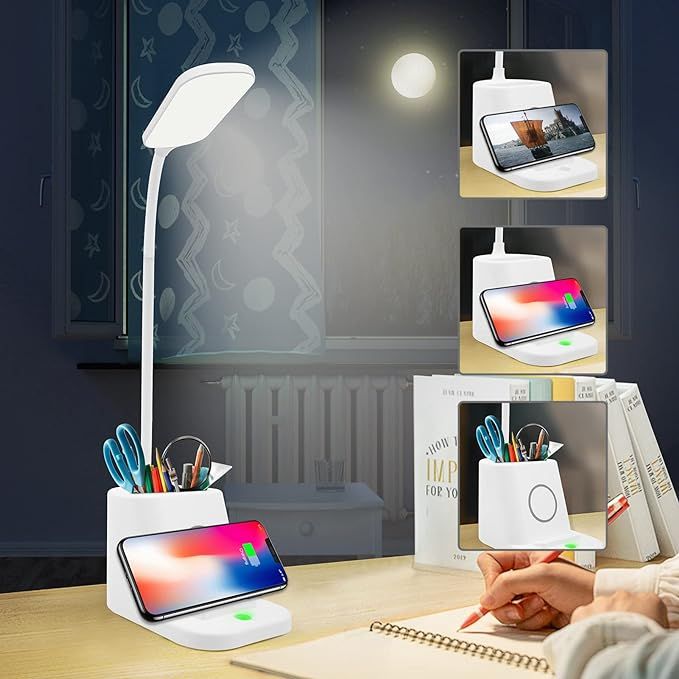 LED Desk Lamp with Wireless Charger and Organizer,Home Office Touch Reading Lamp with Pen Holder/... | Amazon (US)