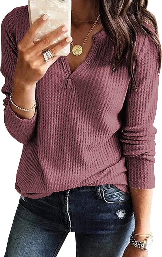 AUSELILY Women's Waffle Knit Long Sleeve Tunic Tops V Neck Henley Loose Blouses Shirts | Amazon (US)
