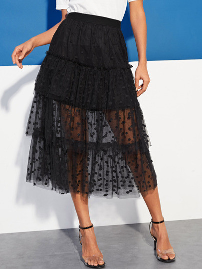 SHEIN Tiered Dot Mesh Overlay Frill Detail Skirt | SHEIN