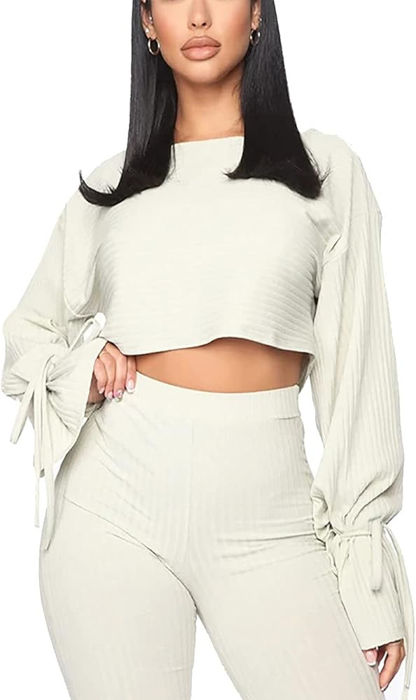 Solid Color Two Piece Outfits for Women，Long Sleeve Crop Top and Bodycon Pants Joggers Clubwear... | Amazon (US)
