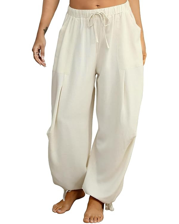 Women's Linen Balloon Barrel Beach Pants Boho Harem Flowy Drawstring Casual Loose Pants with Pock... | Amazon (US)