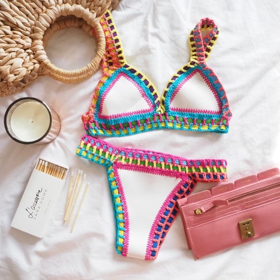 Crochet White Bikini Knitted Bikini Neoprene Bikini Boho | Etsy | Etsy (US)