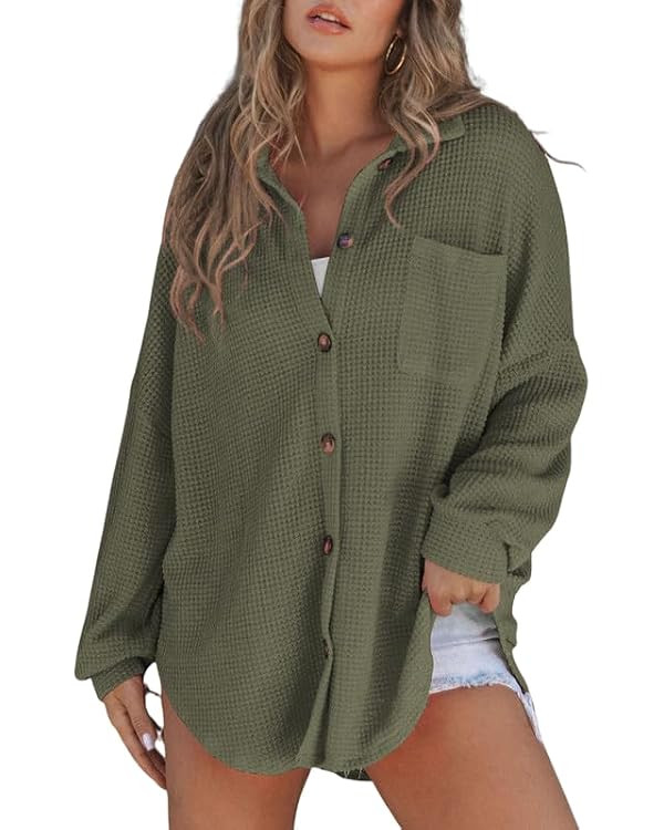 SHEWIN Women's Waffle Knit Button Down Shirts Casual Long Sleeve Shacket Jacket Boyfriend Tops Bl... | Amazon (US)