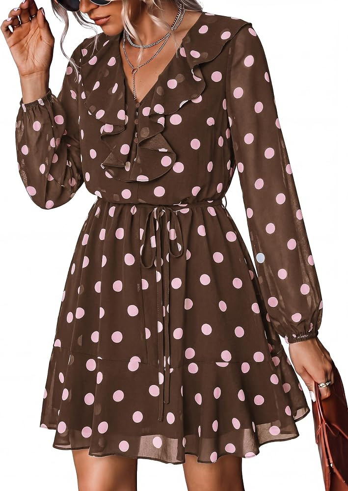 dowerme Women Belted Floral Polka Dot Mini Dress | Amazon (US)