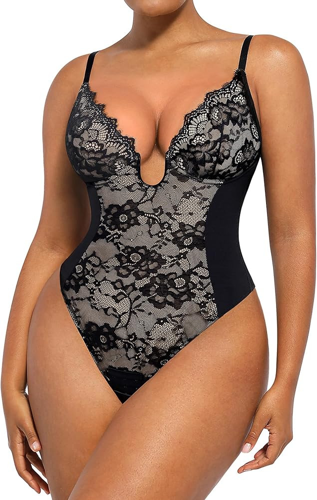 SHAPELLX Lace Bodysuit for Women Tummy Control Thong Tops Body Shaper Shapewear Bodysuit U Plunge... | Amazon (US)