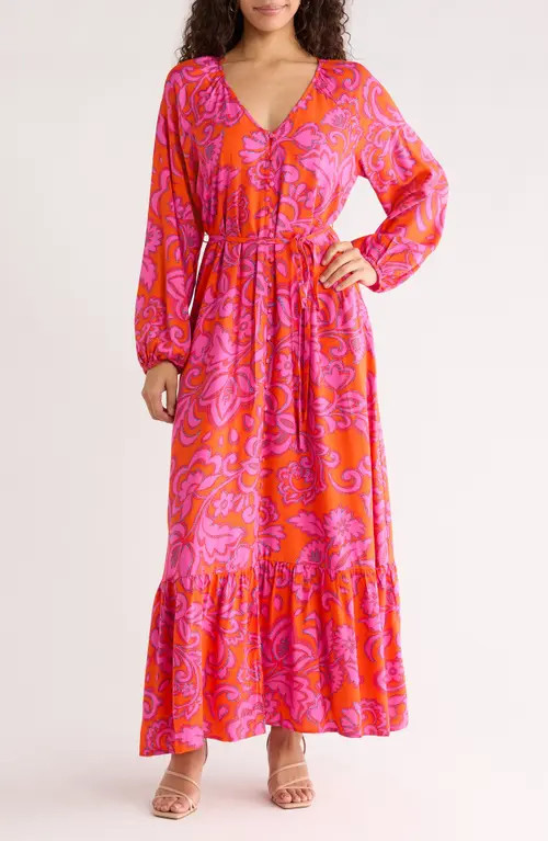 SUGARLIPS Marinda Floral Larrie Long Sleeve Button Maxi Dress in Orange-Fuchsia at Nordstrom, Siz... | Nordstrom