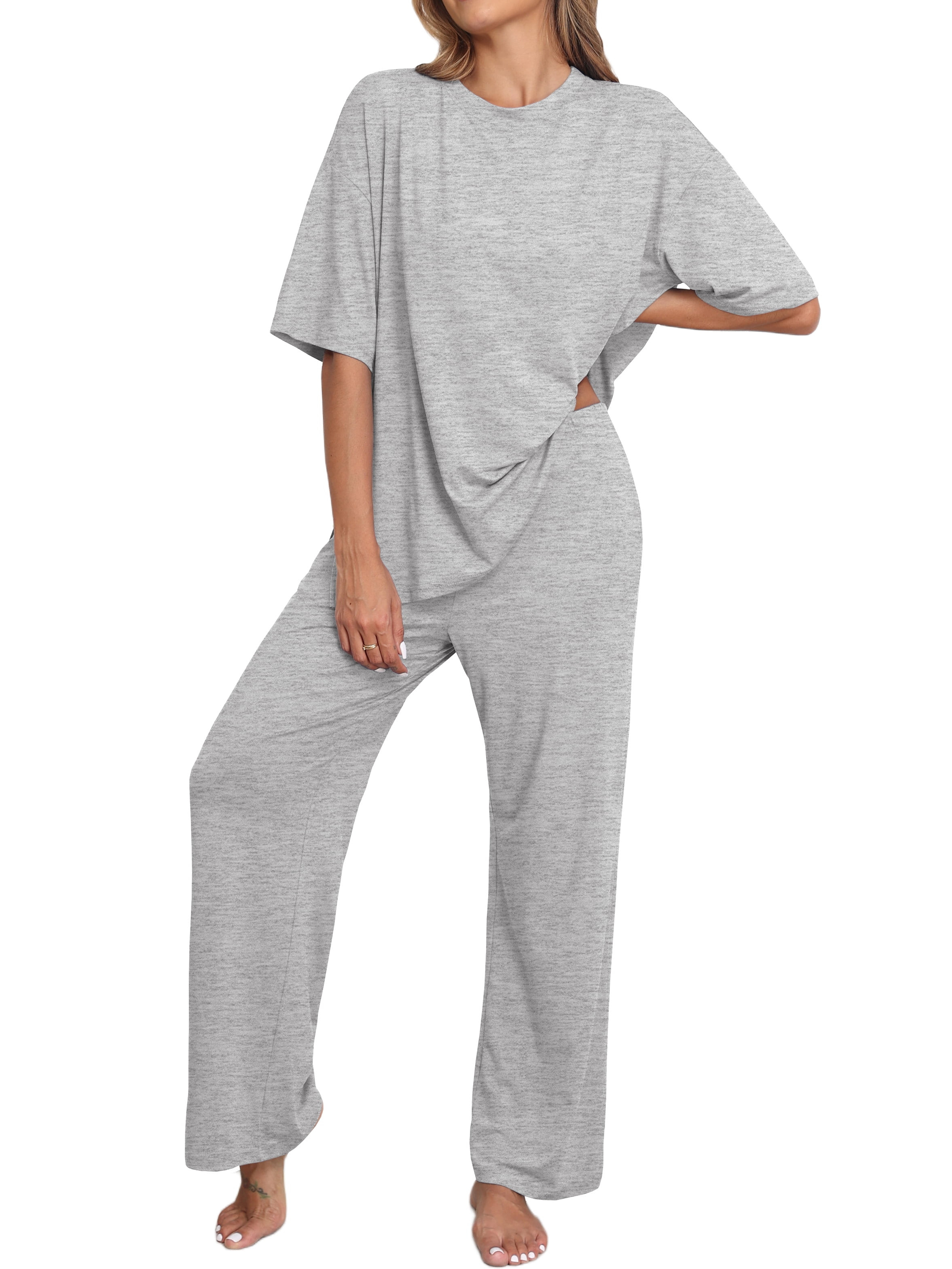 MINTREUS Lounge Sets for Women Knit Short Sleeve Tops and Long Pants Soft Comfy Pajamas Set Oversized 2 Piece Outfits | Walmart (US)