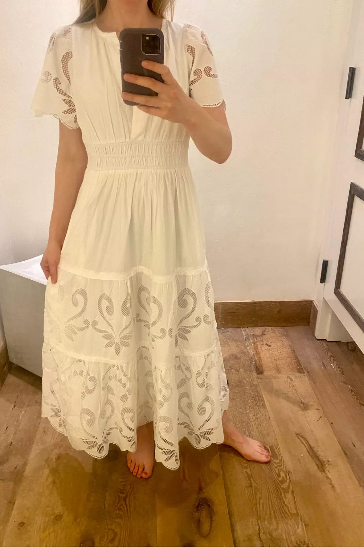 anthropologie white midi dress By 100% Cotton Cutwork 5% spandex Skirt Chic Anne Barge Winter White