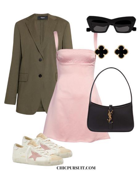 Chic Barbie inspired casual summer outfit with pink dress, olive blazer, Golden Goose sneakers and black YSL bag.

#LTKstyletip #LTKSeasonal #LTKshoecrush