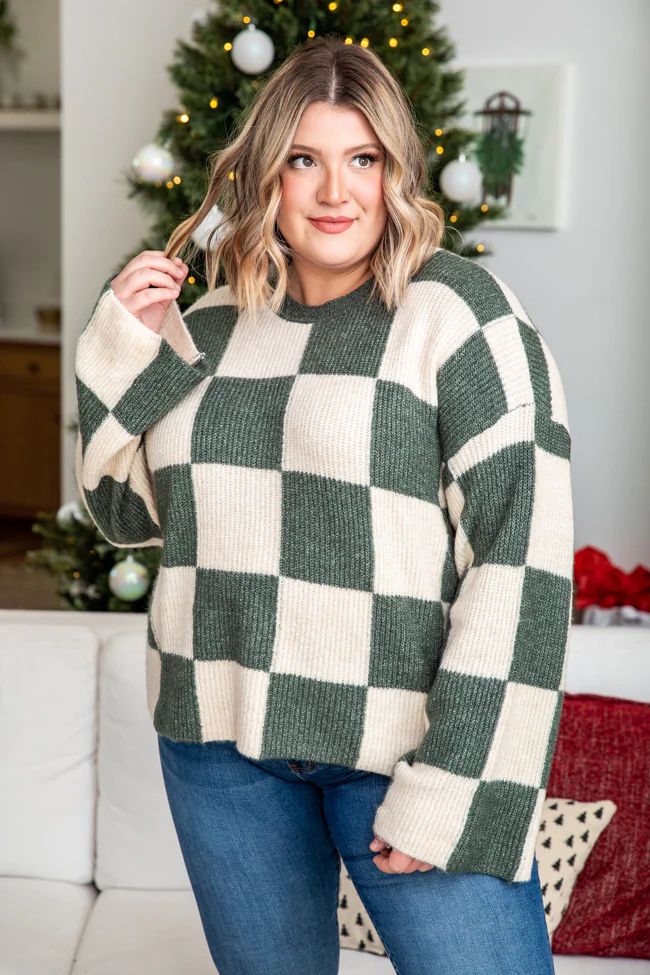 Dazzling Christmas Lights Green Checkered Crew Neck Sweater | Pink Lily