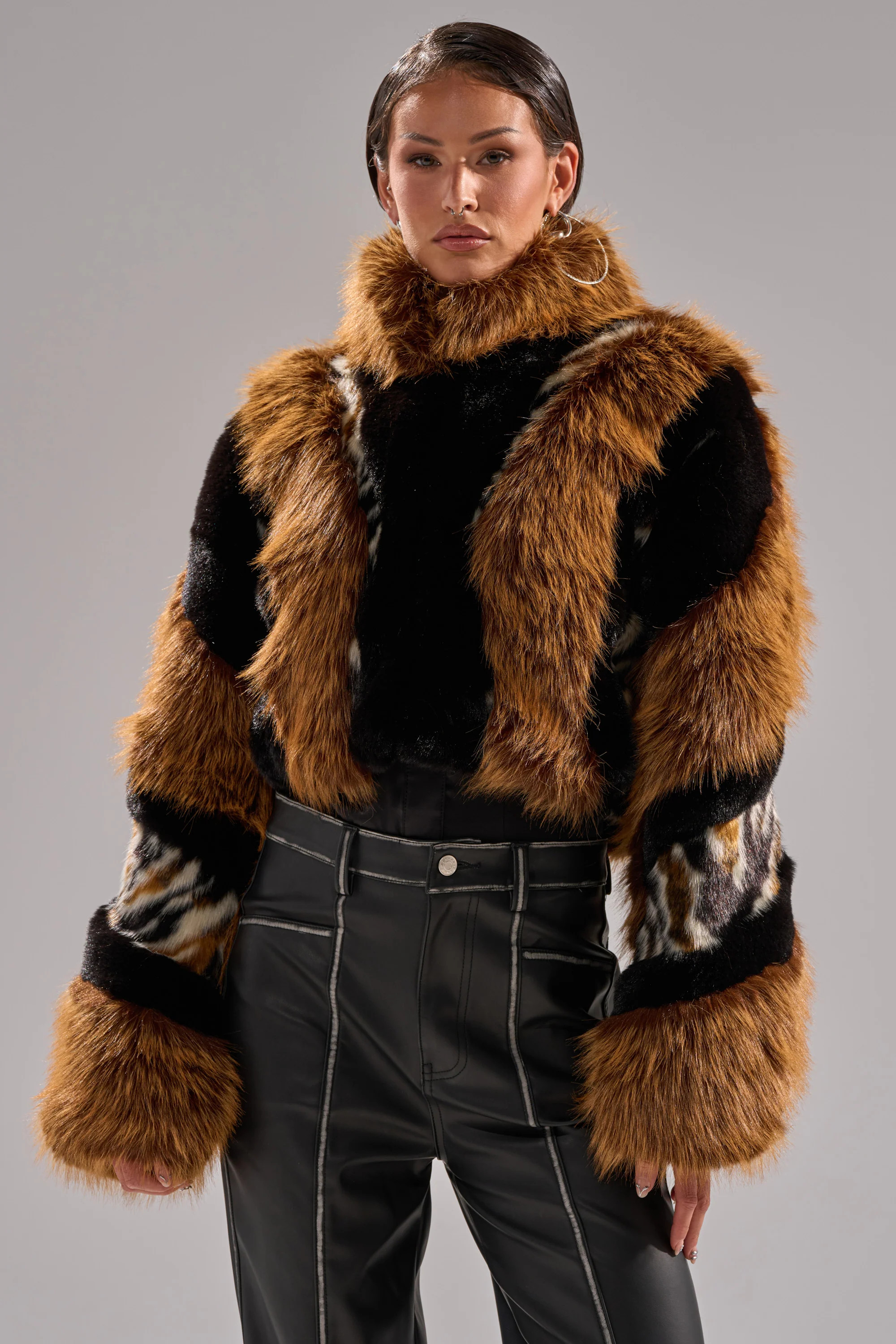 AKIRA Twister Patchwork Faux Fur | Brown | Size 1X | AKIRA
