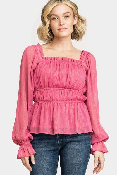 Square Neck Smocked Waist Long Sleeve Blouse | Gibson