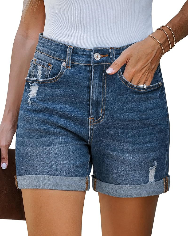 LookbookStore Jean Shorts Womens Stretchy High Waisted Ripped Denim Shorts with Pockets Trendy Di... | Amazon (US)
