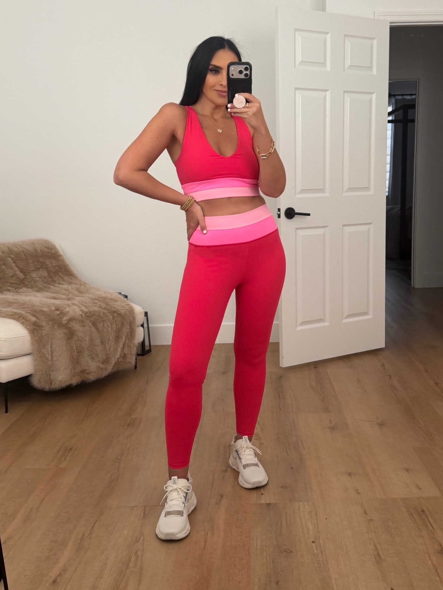 Women's Colorblocked Longline Sports Bra wearing size medium. Women's High-Rise Colorblocked Leggings wearing size medium. 
