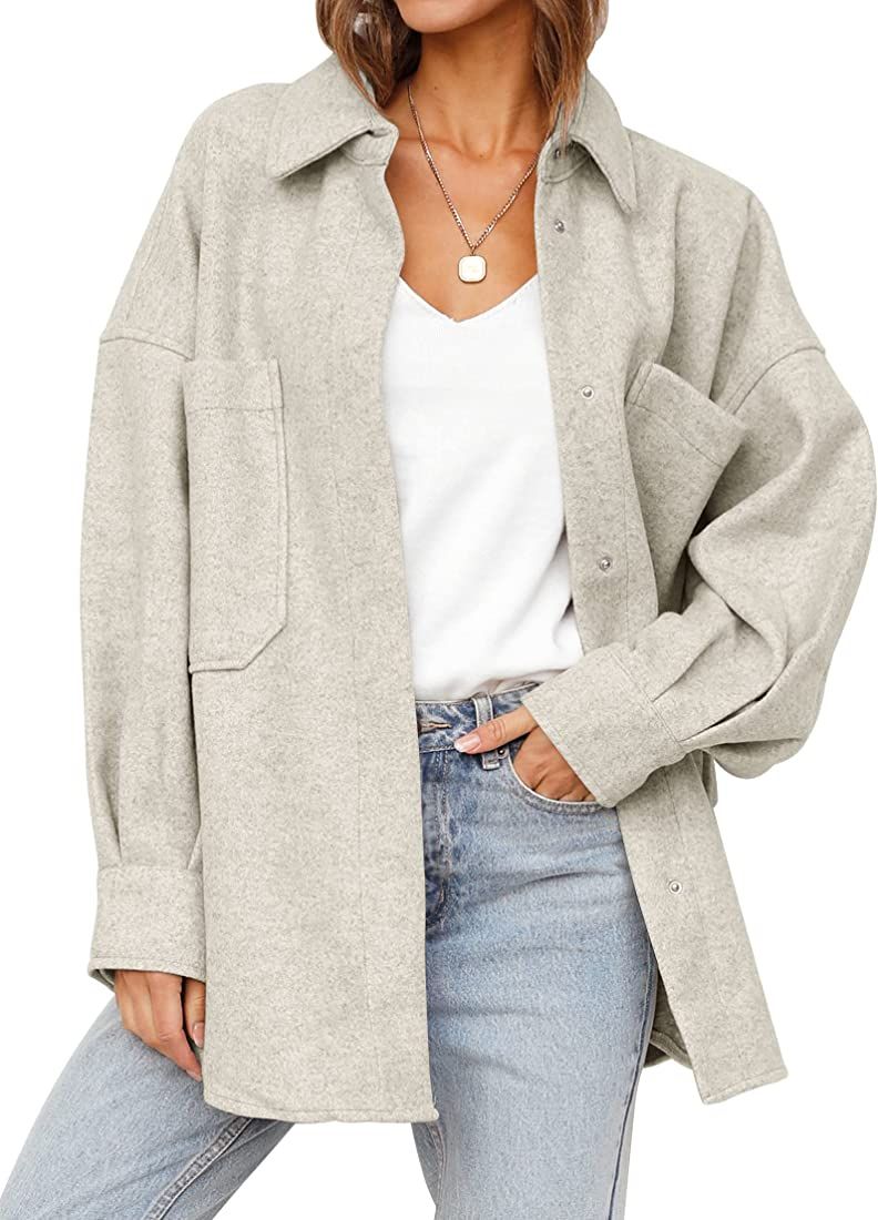 MEROKEETY Women's Oversized Long Sleeve Shacket Jacket Button Down Wool Blend Coats with Pockets | Amazon (US)