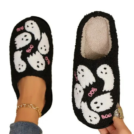 GOODLUCKY Women s Halloween Slippers Cute Ghost Print Fuzzy Slippers Non-Slip | Walmart (US)