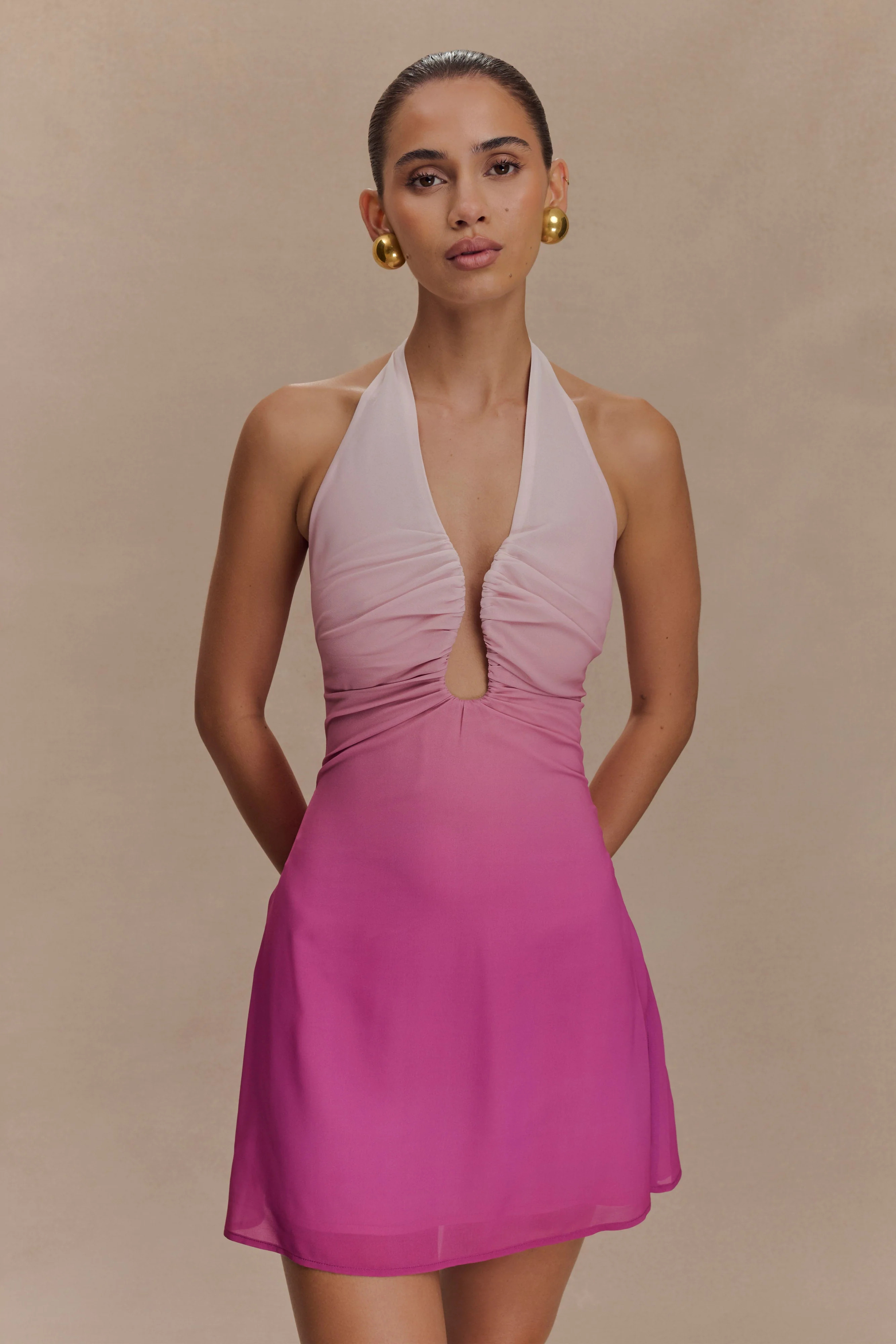 Malakhai Chiffon Halter Mini Dress - Ombre Pink | MESHKI US