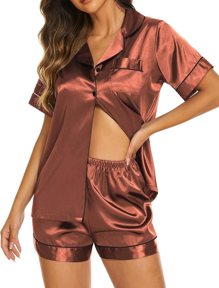Ekouaer Silk Pajamas Womens Short Sleeve Sleepwear Soft Satin Button Down Loungewear 2 Piece Pjs ... | Amazon (US)