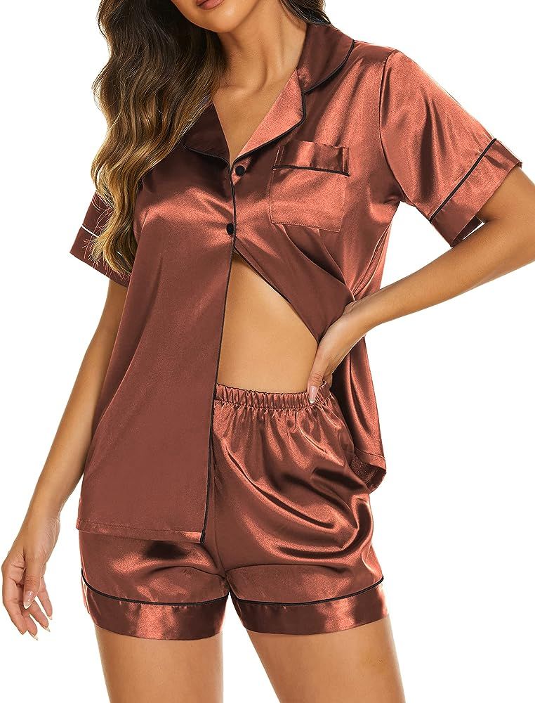 Silk Pajamas Womens Short Sleeve Sleepwear Soft Satin Button Down Loungewear 2 Piece Pjs Shorts Set  | Amazon (US)