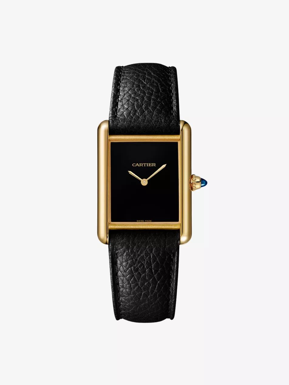 CRWGTA0160 Tank Louis Cartier 18ct yellow-gold, sapphire and leather quartz watch | Selfridges