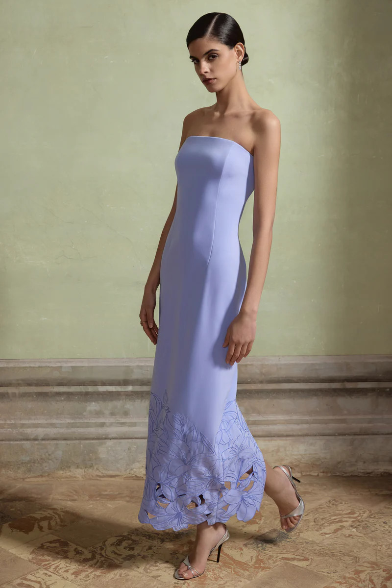 Samara  Purple Bandeau Maxi Dress With Cut-Out Crochet Hem | Club L London