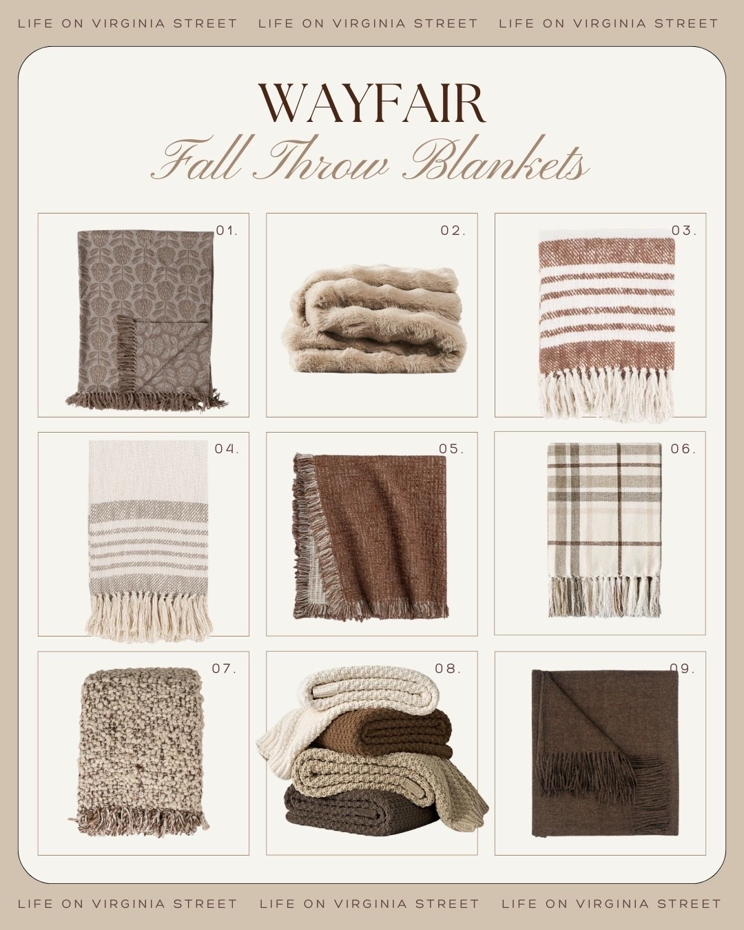 Wayfair fall theme blankets! 😍 

wayfair, wayfair home, wayfair fall, wayfair fall decor, wayfair blankets, wayfair throw blankets, fall blankets, fall throw blankets, autumn blankets, fall themed blankets, seasonal blankets, cozy fall blankets, cozy throw blanket, decorative throw blanket, fall home decor, autumn home decor, cozy home decor, seasonal home decor, fall living room decor, fall bedroom decor, fall bedding, fall decorating ideas, cozy fall home, fall aesthetic, autumn aesthetic, neutral fall decor, warm neutral decor, traditional fall decor, classic fall decor, vintage fall decor, cottage fall decor, farmhouse fall decor, plaid throw blanket, checkered blanket, pumpkin blanket, leaf print blanket, floral fall blanket, cable knit throw, chunky knit blanket, knit throw blanket, sherpa throw blanket, faux fur throw, fleece throw blanket, woven throw blanket, textured throw blanket, tassel throw blanket, rust throw blanket, burnt orange blanket, brown throw blanket, chocolate brown decor, burgundy blanket, olive green blanket, cream throw blanket, plaid fall decor, pumpkin decor, harvest decor, Thanksgiving decor, couch blanket, sofa throw, bed throw, living room blankets, bedroom blankets, cozy bedroom, cozy living room, fall couch decor, fall bedroom ideas, fall home styling, fall home refresh

#LTKHome #LTKSeasonal #LTKU