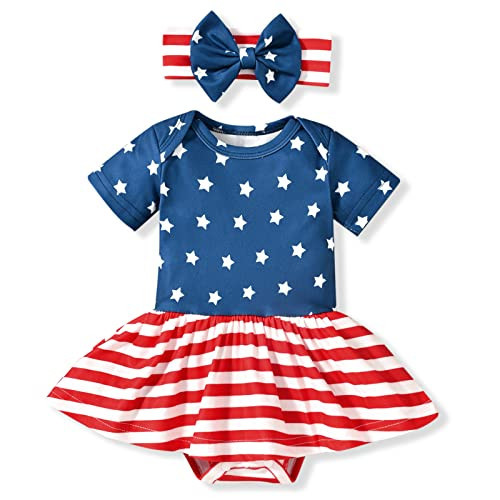 Aalizzwell Newborn Girls 4th of July Clothes Baby Independence Day American Flag Outfit Stars Stripes NB Patriotic USA Bodysuit Dress | Amazon (US)